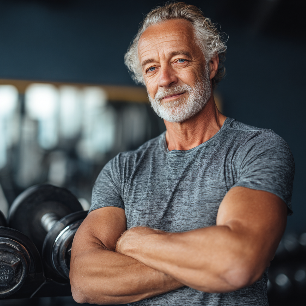 Smiling elderly European woman in workout attire doing stretching exercises in a bright fitness studio