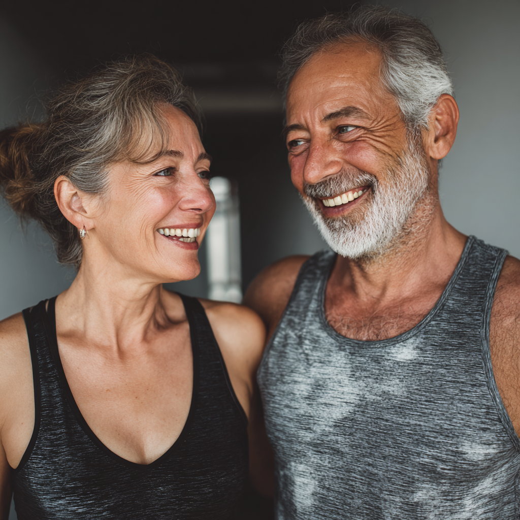 Happy elderly European man in fitness clothes performing strength exercises with dumbbells in a modern gym