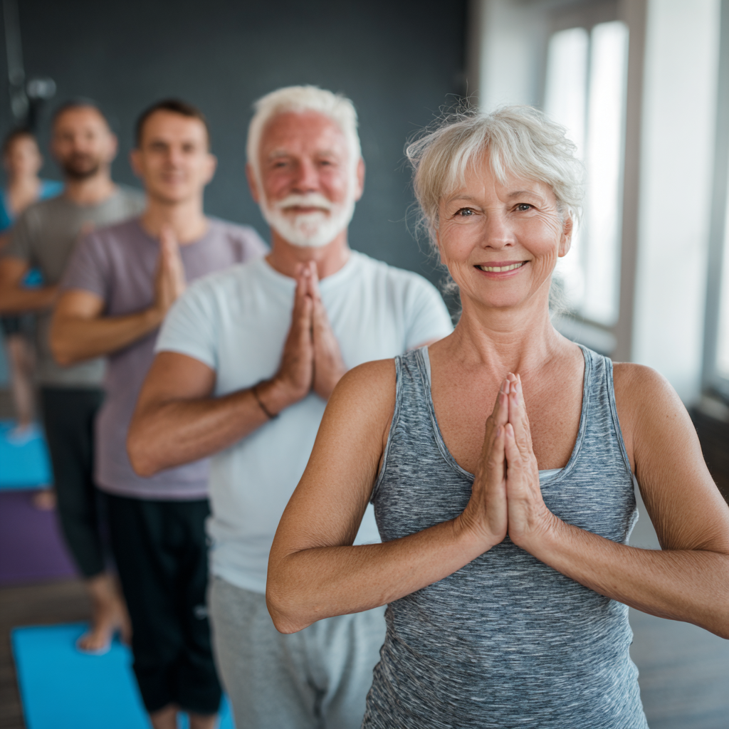 Group of smiling elderly European people doing yoga poses together in a bright fitness studio